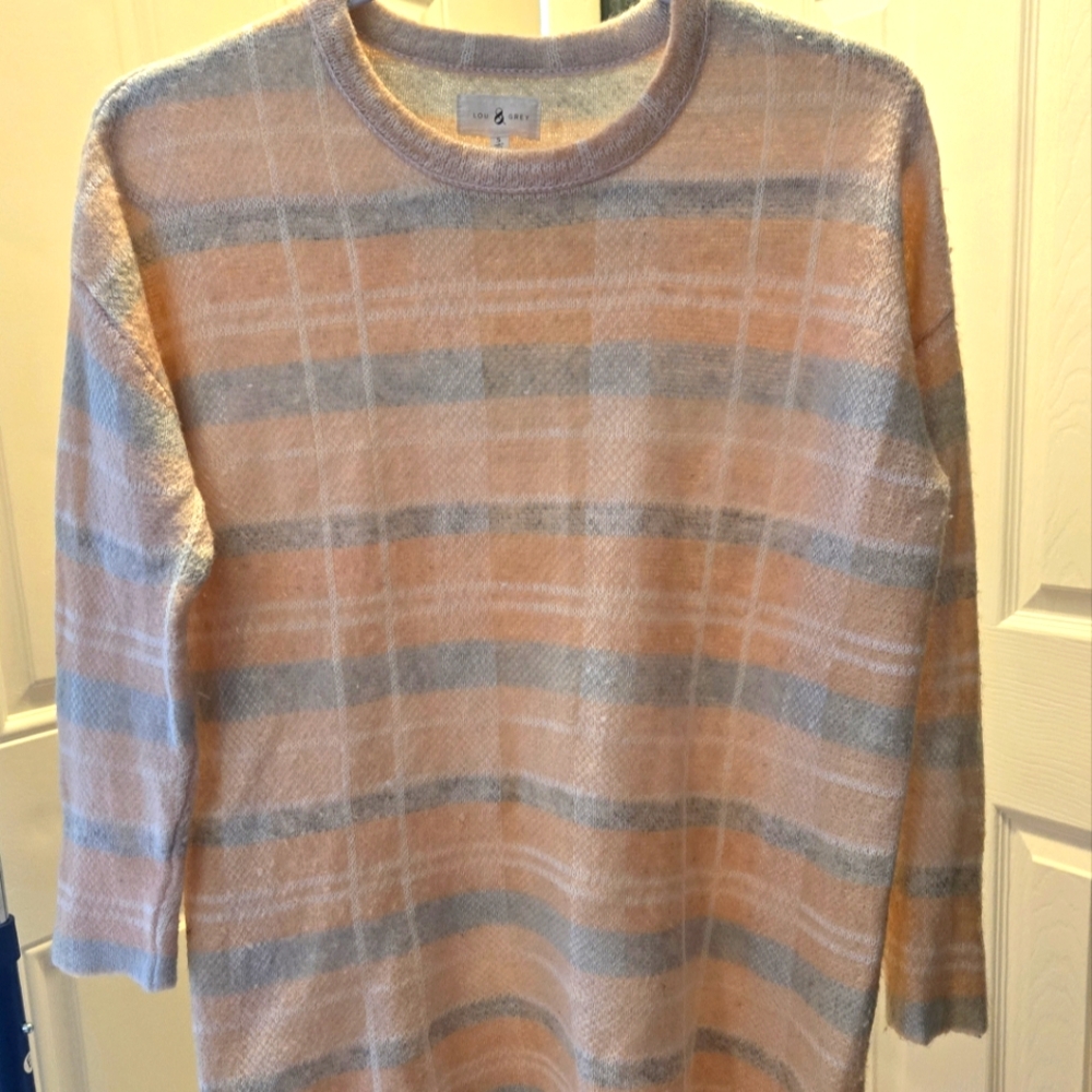 Lou and Grey crew neck sweater, peach/grey vertical stripes. Size Small